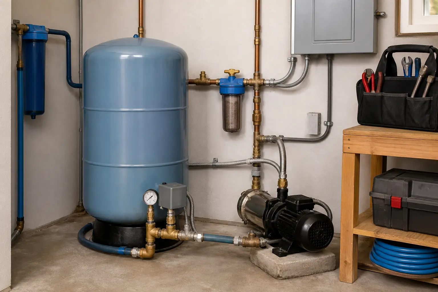 Residential pressure tank, pump controls and well system equipment
